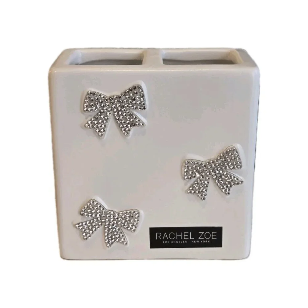 New Silver & White Bling Bow Tie Bathroom Polyresin Tooth Brush Holder Storage
